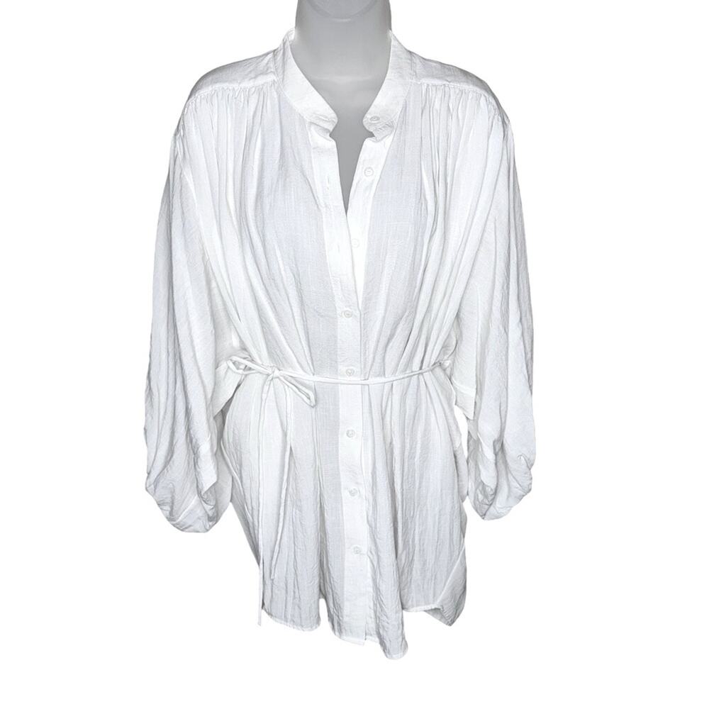 WILLOW White Button Front Tie Waist Long Sleeve Shirt Blouse Women’s